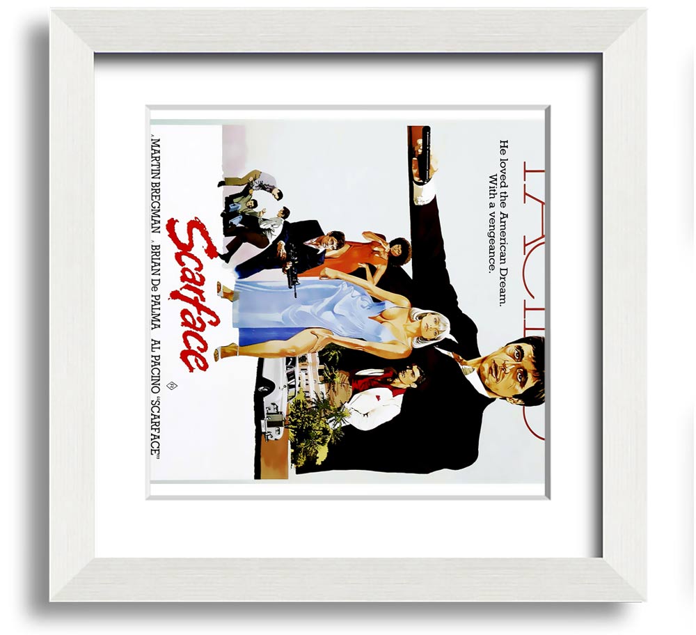 Al Pacino Scarface Square Framed Print in various frame colors, showcasing iconic movie art.