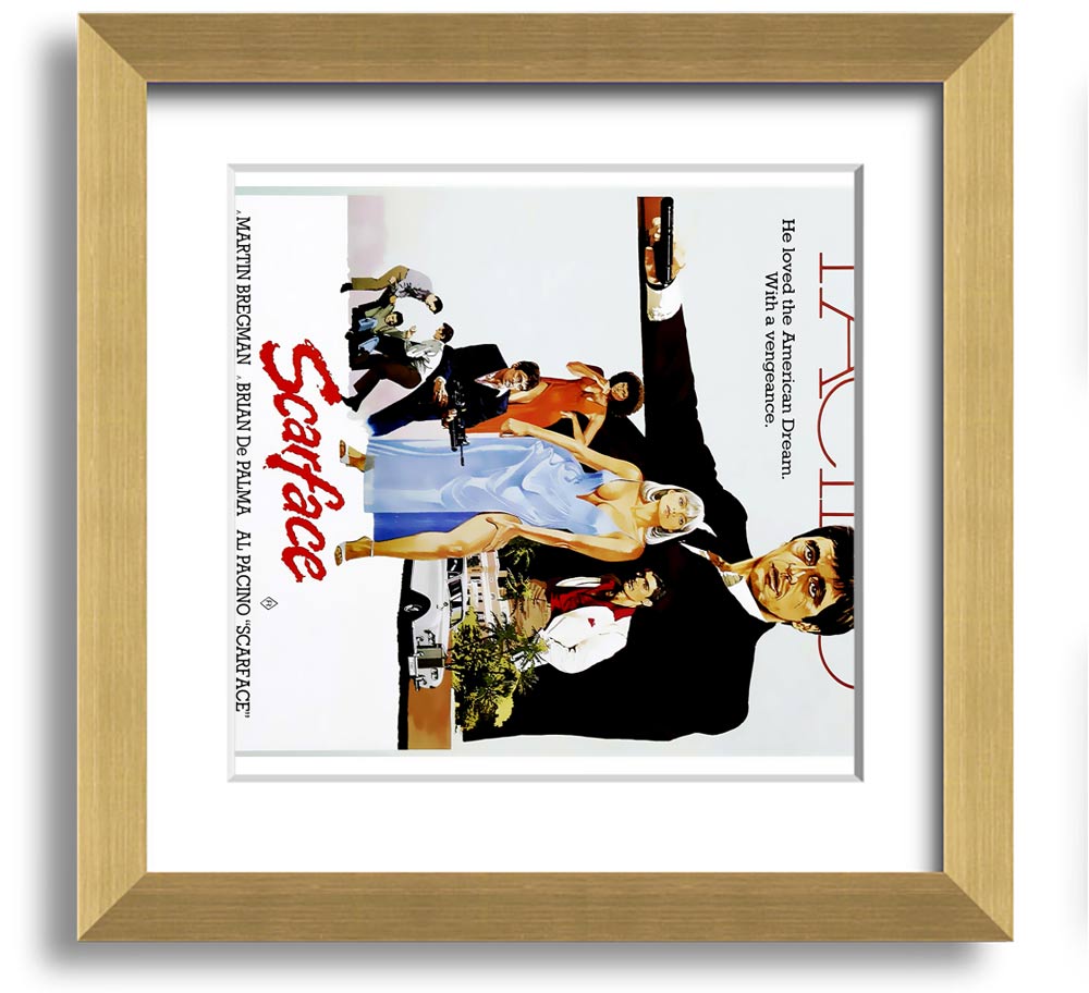 Al Pacino Scarface Square Framed Print in various frame colors, showcasing iconic movie art.