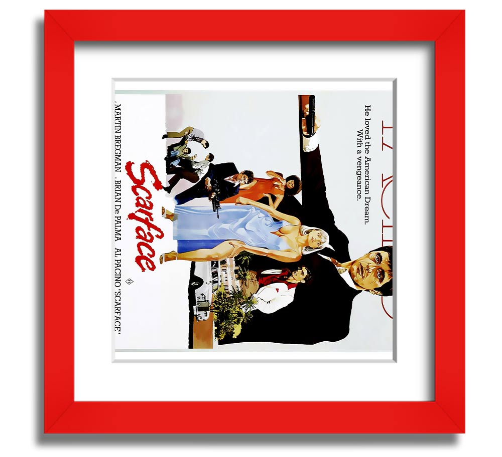 Al Pacino Scarface Square Framed Print in various frame colors, showcasing iconic movie art.