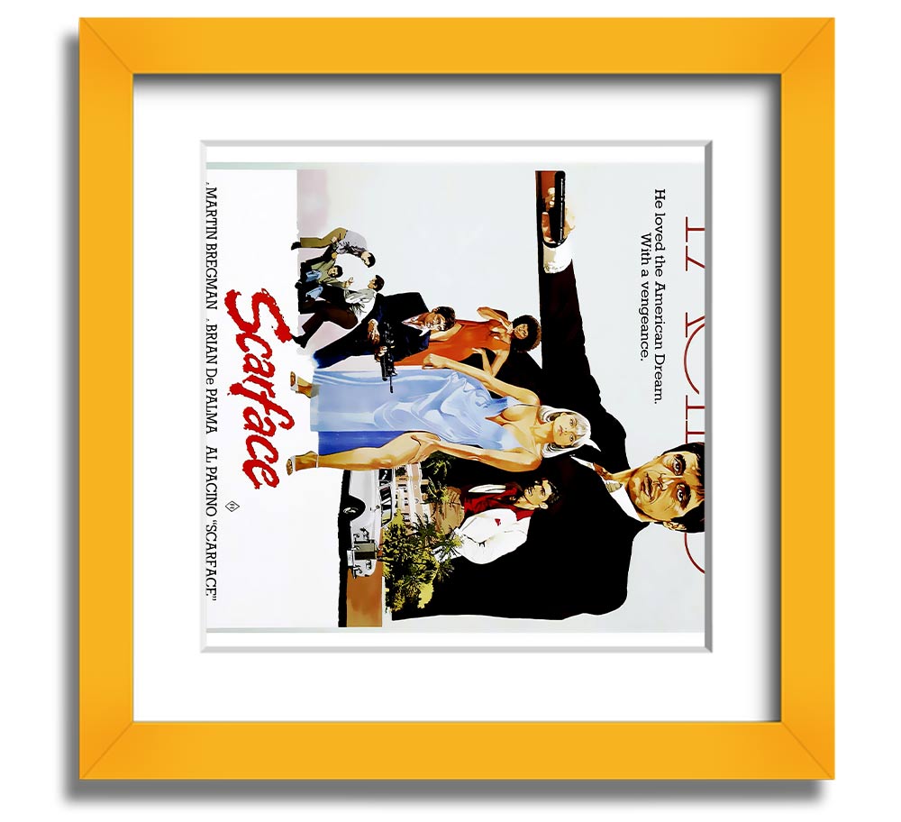 Al Pacino Scarface Square Framed Print in various frame colors, showcasing iconic movie art.