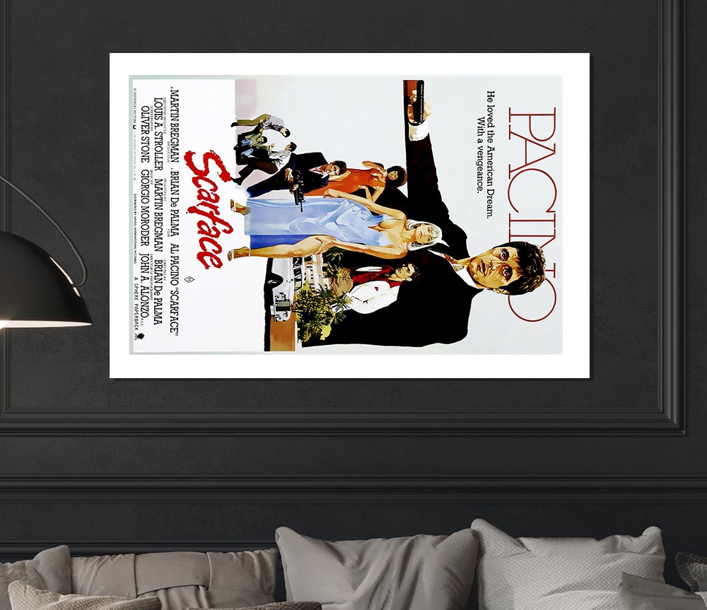 High-quality canvas poster of Al Pacino as Tony Montana in Scarface, featuring vibrant colors and sharp details.