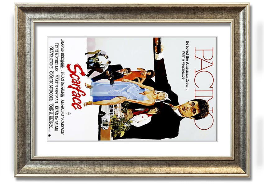 Framed print of Al Pacino as Tony Montana from Scarface, showcasing vibrant colors and high-quality framing.