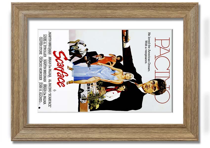 Framed print of Al Pacino as Tony Montana from Scarface, showcasing vibrant colors and high-quality framing.