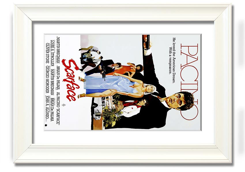 Framed print of Al Pacino as Tony Montana from Scarface, showcasing vibrant colors and high-quality framing.