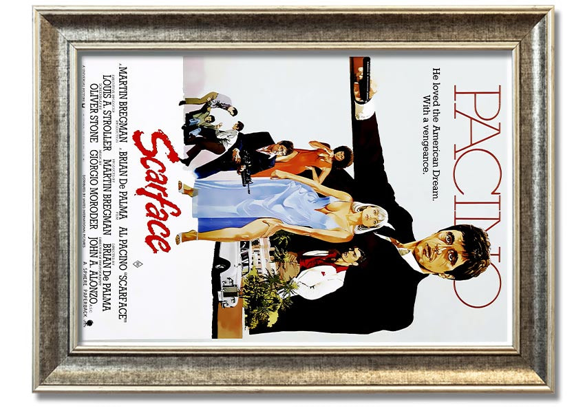 Framed print of Al Pacino as Tony Montana from Scarface, showcasing vibrant colors and high-quality framing.