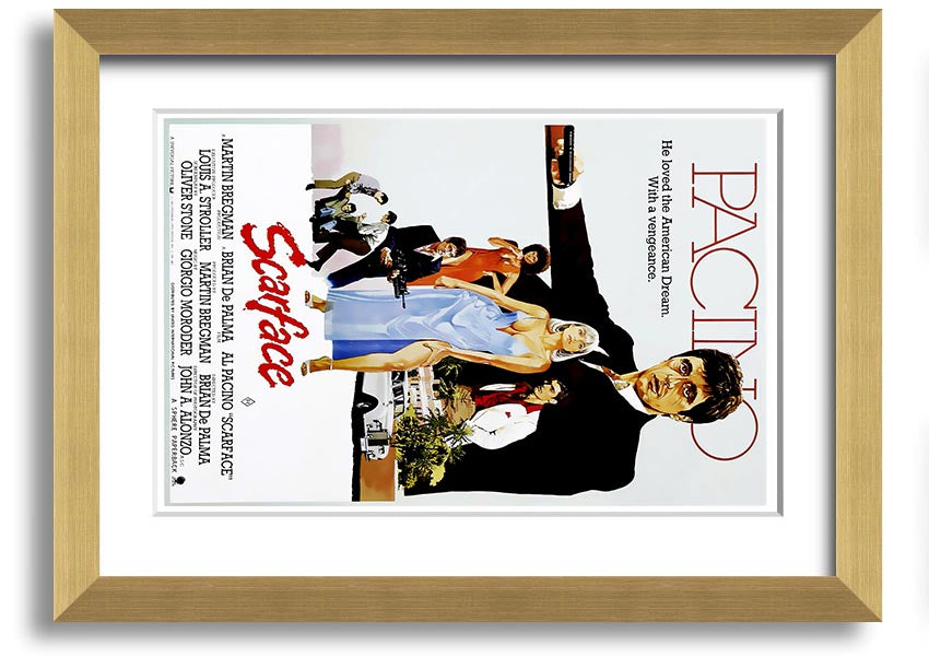 Framed print of Al Pacino as Tony Montana from Scarface, showcasing vibrant colors and high-quality framing.