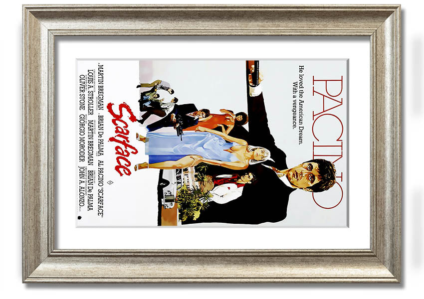 Framed print of Al Pacino as Tony Montana from Scarface, showcasing vibrant colors and high-quality framing.