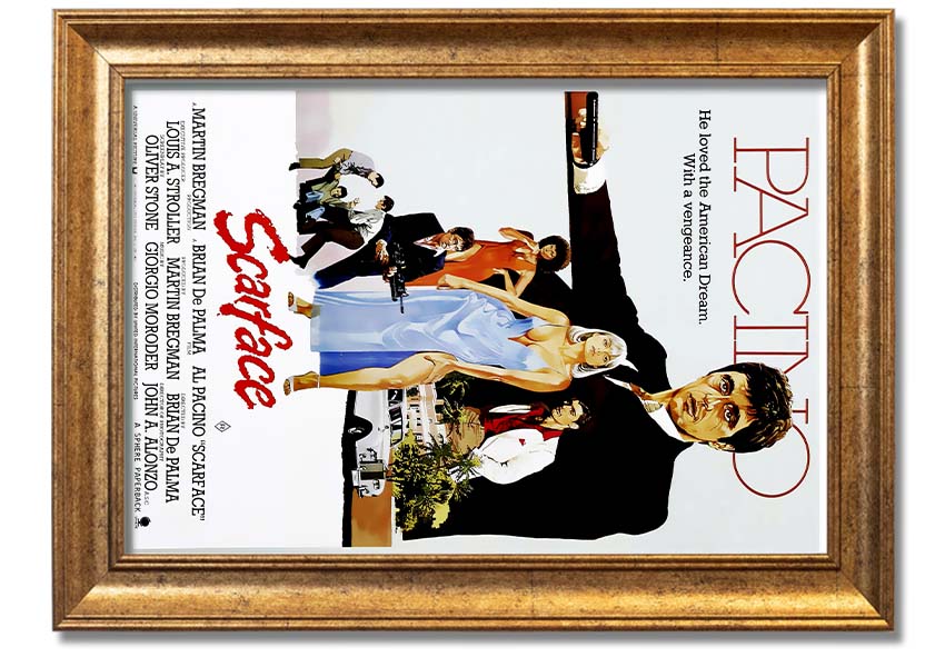 Framed print of Al Pacino as Tony Montana from Scarface, showcasing vibrant colors and high-quality framing.