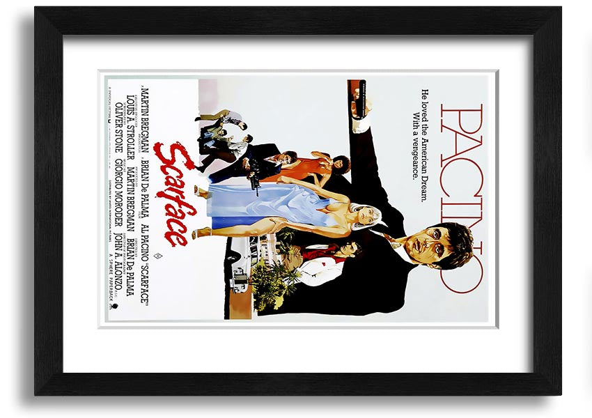 Framed print of Al Pacino as Tony Montana from Scarface, showcasing vibrant colors and high-quality framing.