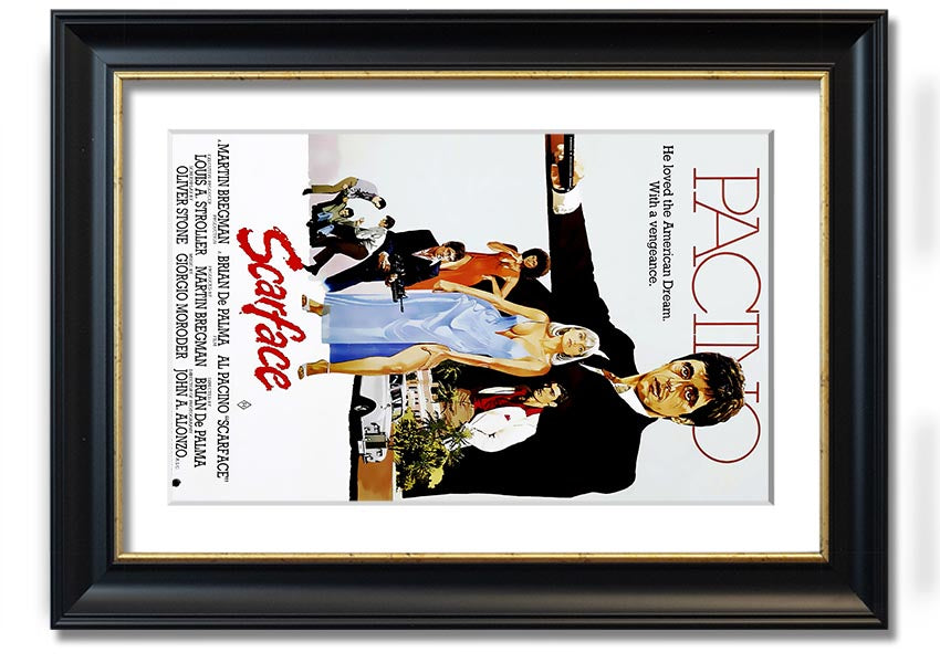 Framed print of Al Pacino as Tony Montana from Scarface, showcasing vibrant colors and high-quality framing.