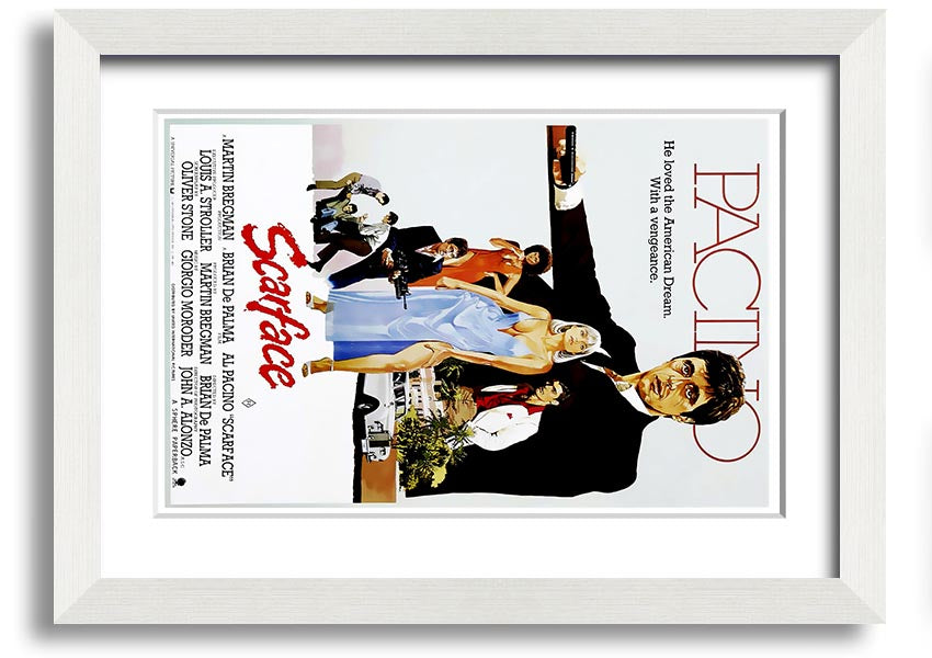 Framed print of Al Pacino as Tony Montana from Scarface, showcasing vibrant colors and high-quality framing.