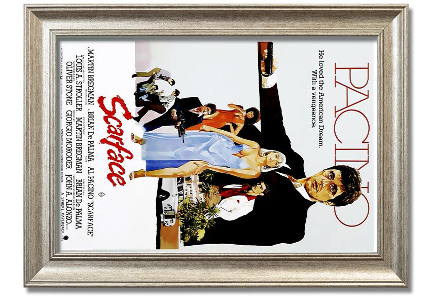 Framed print of Al Pacino as Tony Montana from Scarface, showcasing vibrant colors and high-quality framing.