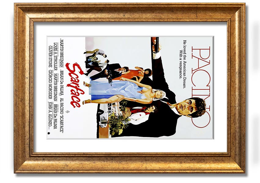 Framed print of Al Pacino as Tony Montana from Scarface, showcasing vibrant colors and high-quality framing.