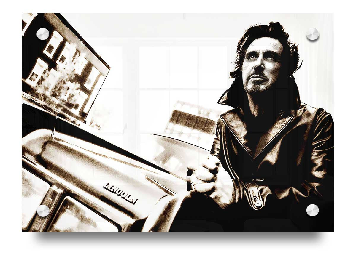 Al Pacino Streets acrylic print on a wall, showcasing vibrant colors and sharp details.