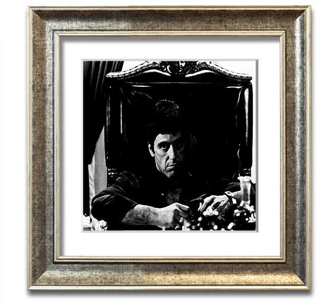 Al Pacino The Godfather framed print showcasing iconic scene, available in various frame colors.