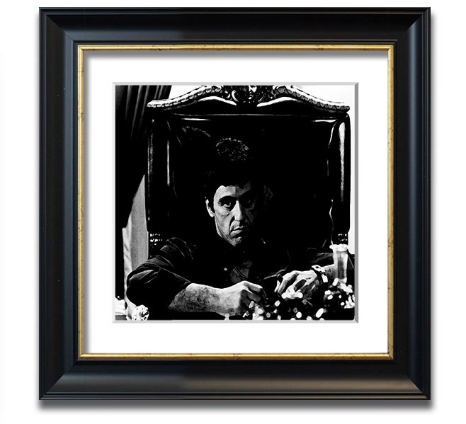 Al Pacino The Godfather framed print showcasing iconic scene, available in various frame colors.