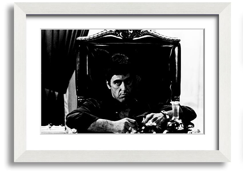 Framed print of Al Pacino as Michael Corleone from The Godfather, showcasing vibrant colors and quality craftsmanship.