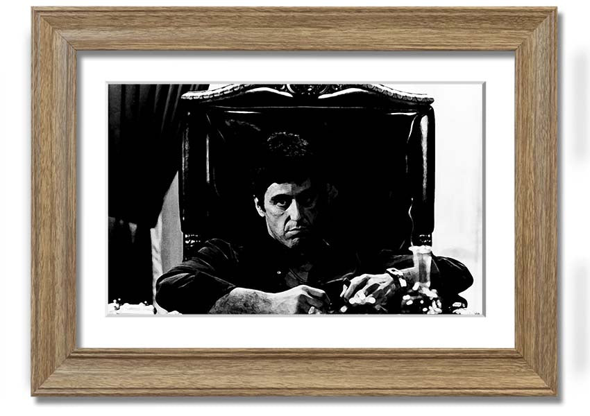 Framed print of Al Pacino as Michael Corleone from The Godfather, showcasing vibrant colors and quality craftsmanship.