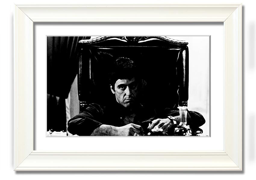 Framed print of Al Pacino as Michael Corleone from The Godfather, showcasing vibrant colors and quality craftsmanship.