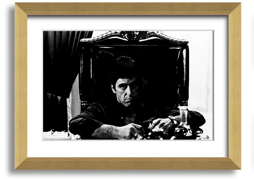 Framed print of Al Pacino as Michael Corleone from The Godfather, showcasing vibrant colors and quality craftsmanship.