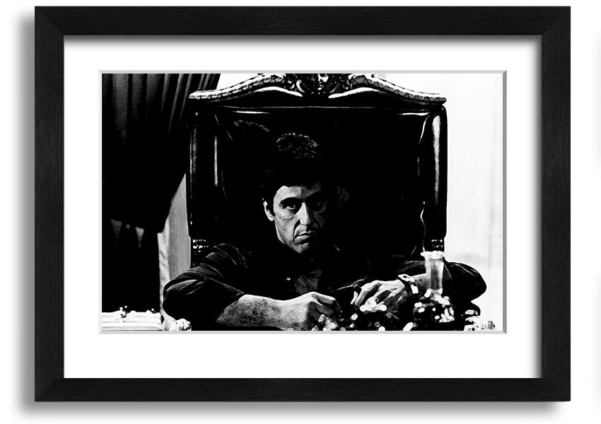 Framed print of Al Pacino as Michael Corleone from The Godfather, showcasing vibrant colors and quality craftsmanship.