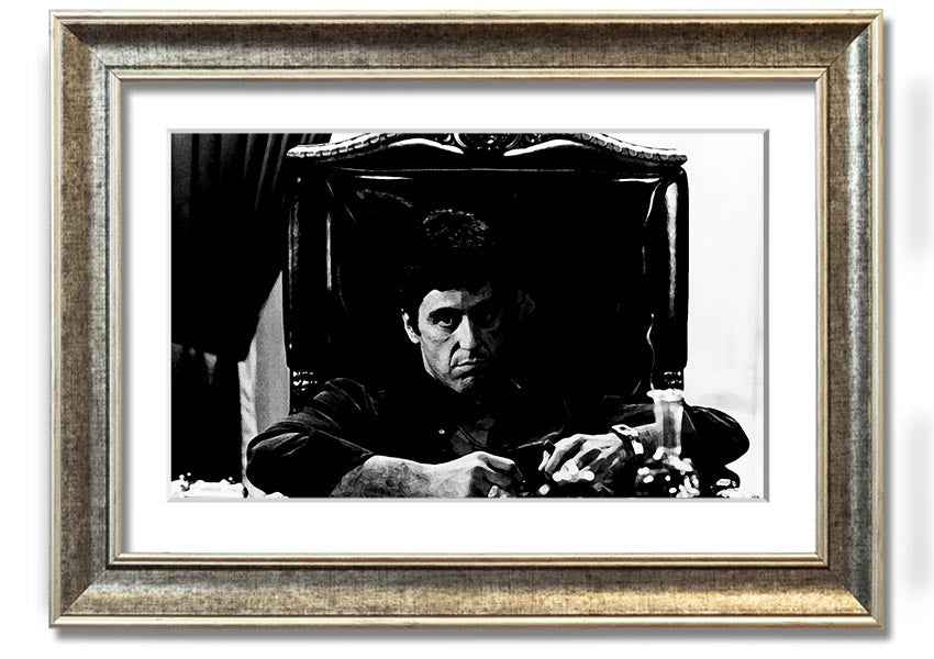 Framed print of Al Pacino as Michael Corleone from The Godfather, showcasing vibrant colors and quality craftsmanship.