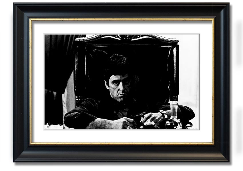 Framed print of Al Pacino as Michael Corleone from The Godfather, showcasing vibrant colors and quality craftsmanship.