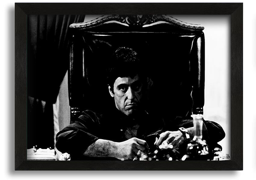 Framed print of Al Pacino as Michael Corleone from The Godfather, showcasing vibrant colors and quality craftsmanship.