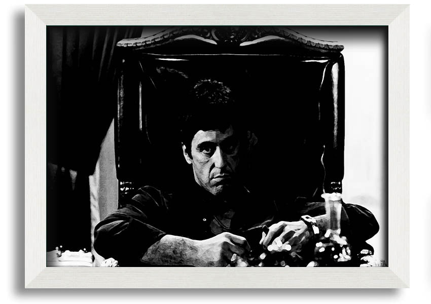 Framed print of Al Pacino as Michael Corleone from The Godfather, showcasing vibrant colors and quality craftsmanship.