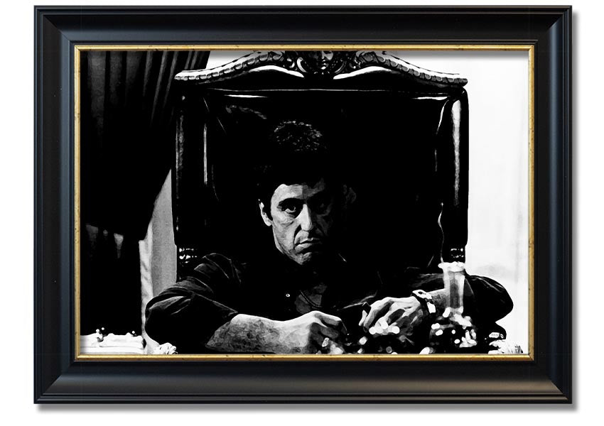 Framed print of Al Pacino as Michael Corleone from The Godfather, showcasing vibrant colors and quality craftsmanship.