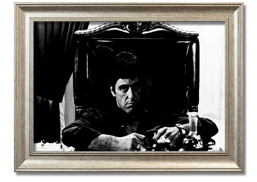 Framed print of Al Pacino as Michael Corleone from The Godfather, showcasing vibrant colors and quality craftsmanship.