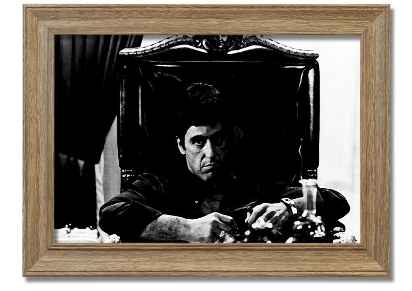 Framed print of Al Pacino as Michael Corleone from The Godfather, showcasing vibrant colors and quality craftsmanship.