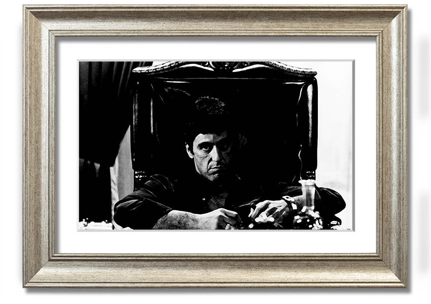 Framed print of Al Pacino as Michael Corleone from The Godfather, showcasing vibrant colors and quality craftsmanship.