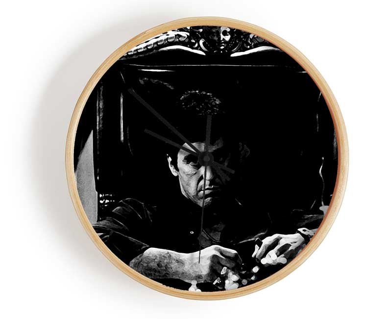 Al Pacino The Godfather clock made from natural bamboo with a round face and clear Plexiglas lens, available in black, white, and natural frame colors.