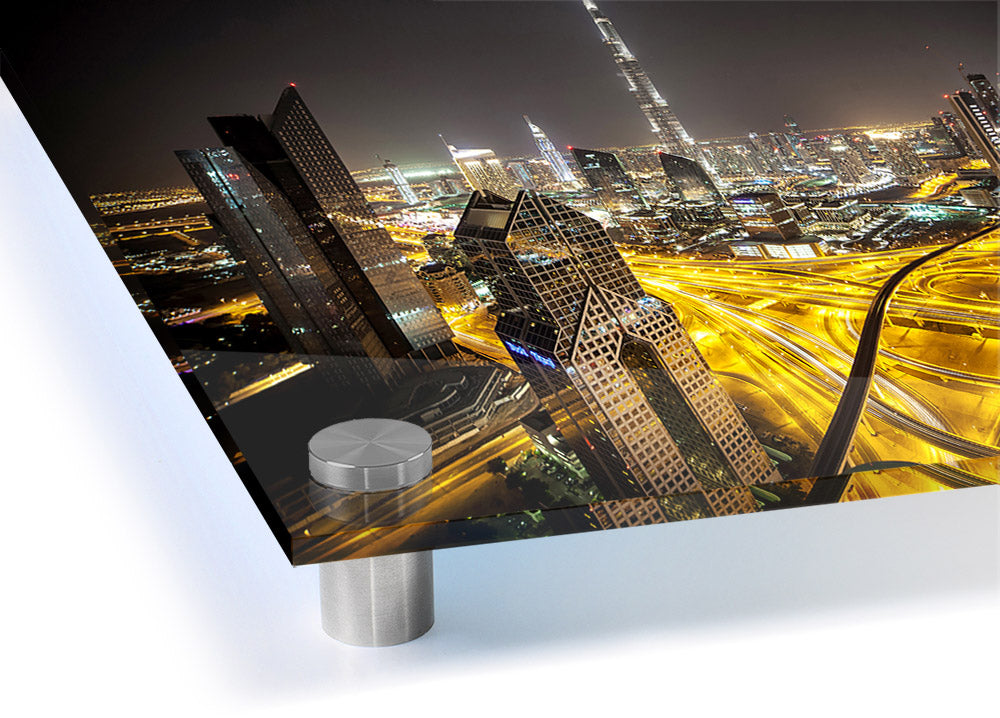 All Roads Are Pathed With Gold acrylic print on a wall, showcasing vibrant colors and a modern design.