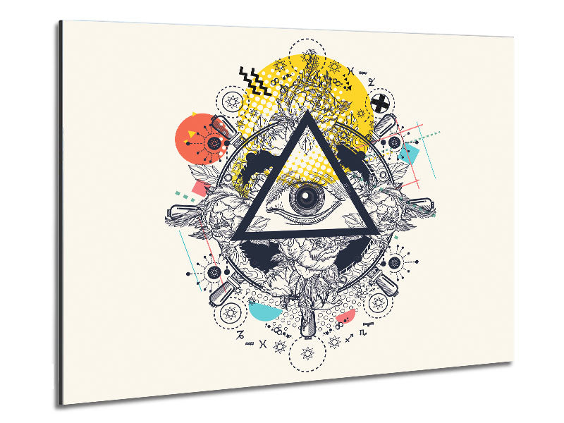 All Seeing Eye artwork printed on brushed aluminium dibond, showcasing a modern design with intricate details.