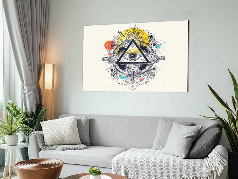 All Seeing Eye artwork printed on brushed aluminium dibond, showcasing a modern design with intricate details.