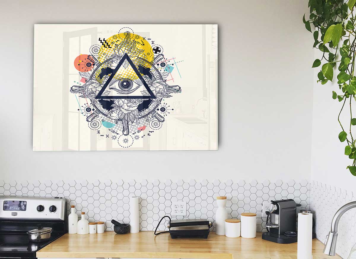 A modern glass art print featuring the All Seeing Eye design, showcasing intricate details and vibrant colors, perfect for home decor.