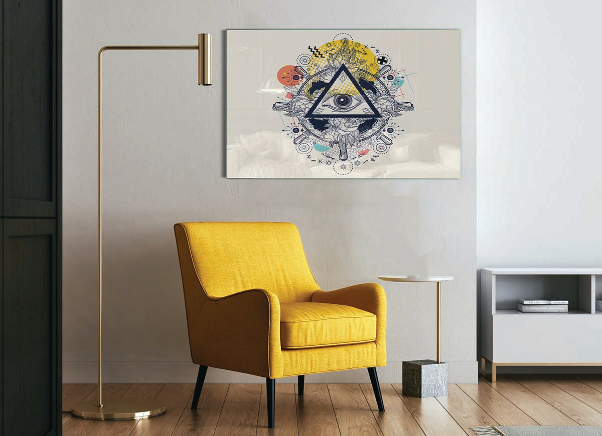 A modern glass art print featuring the All Seeing Eye design, showcasing intricate details and vibrant colors, perfect for home decor.