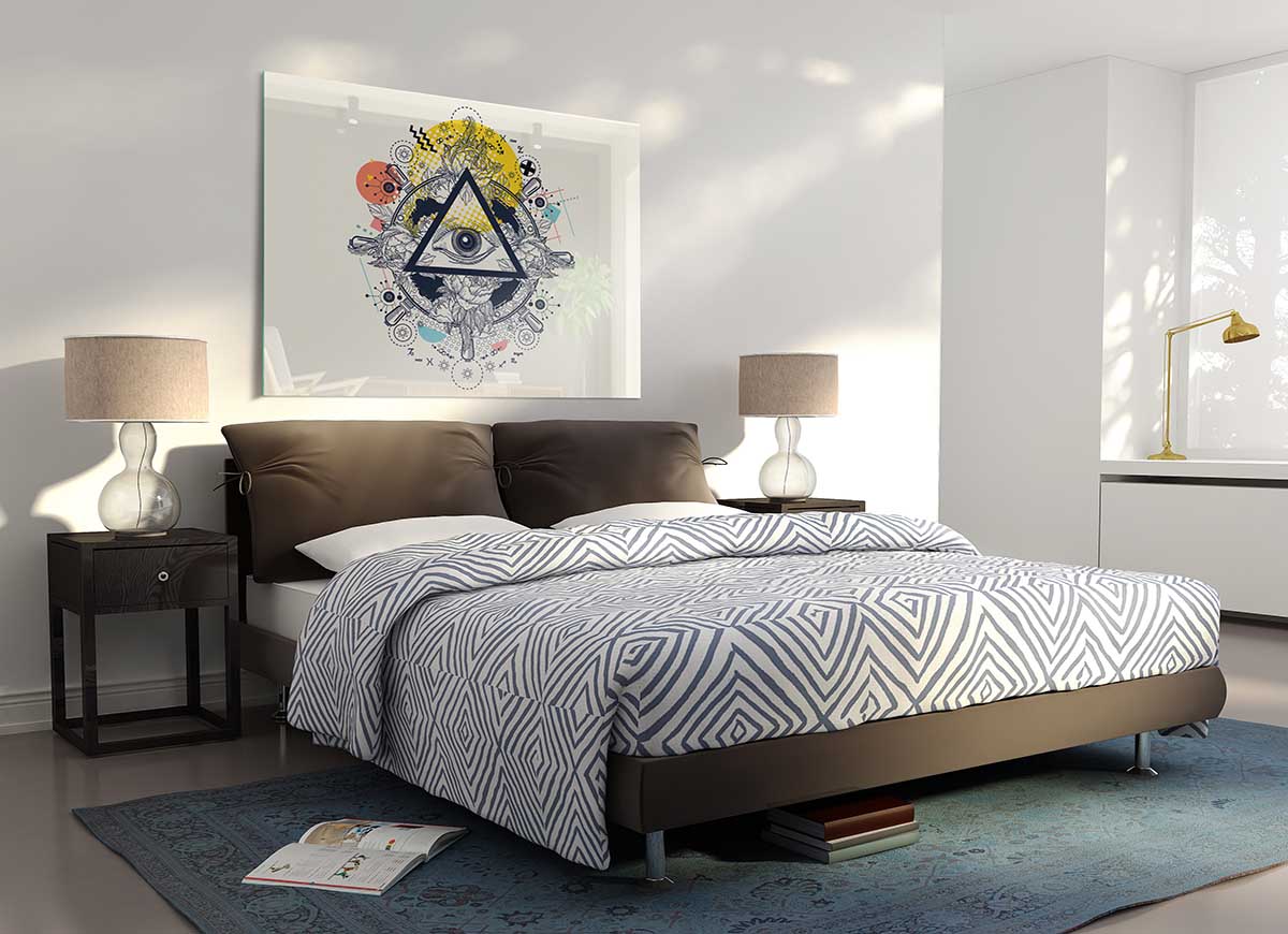 A modern glass art print featuring the All Seeing Eye design, showcasing intricate details and vibrant colors, perfect for home decor.