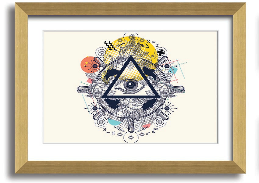 Framed All Seeing Eye print with intricate design and vibrant colors, available in various frame colors.