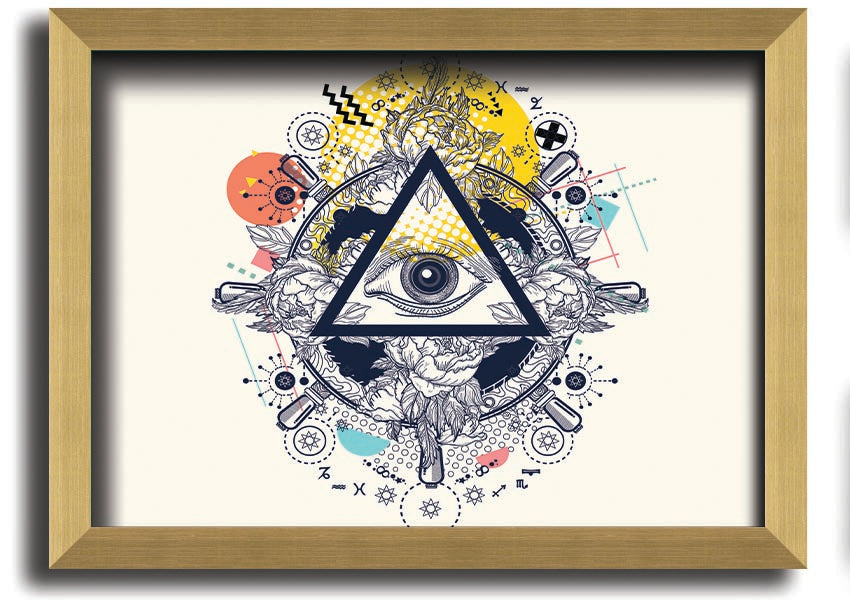 Framed All Seeing Eye print with intricate design and vibrant colors, available in various frame colors.