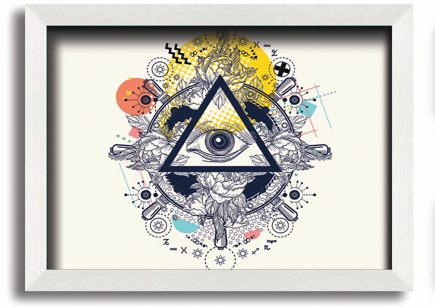 Framed All Seeing Eye print with intricate design and vibrant colors, available in various frame colors.