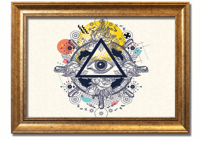 Framed All Seeing Eye print with intricate design and vibrant colors, available in various frame colors.