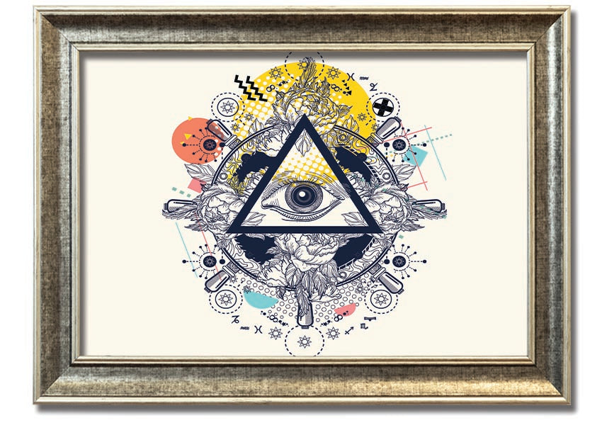 Framed All Seeing Eye print with intricate design and vibrant colors, available in various frame colors.