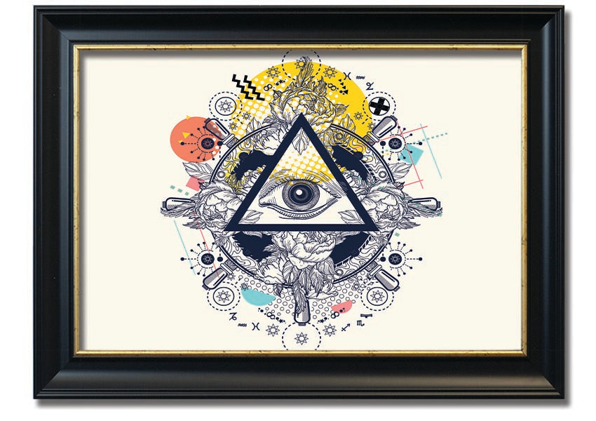 Framed All Seeing Eye print with intricate design and vibrant colors, available in various frame colors.