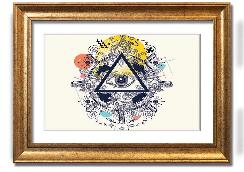 Framed All Seeing Eye print with intricate design and vibrant colors, available in various frame colors.