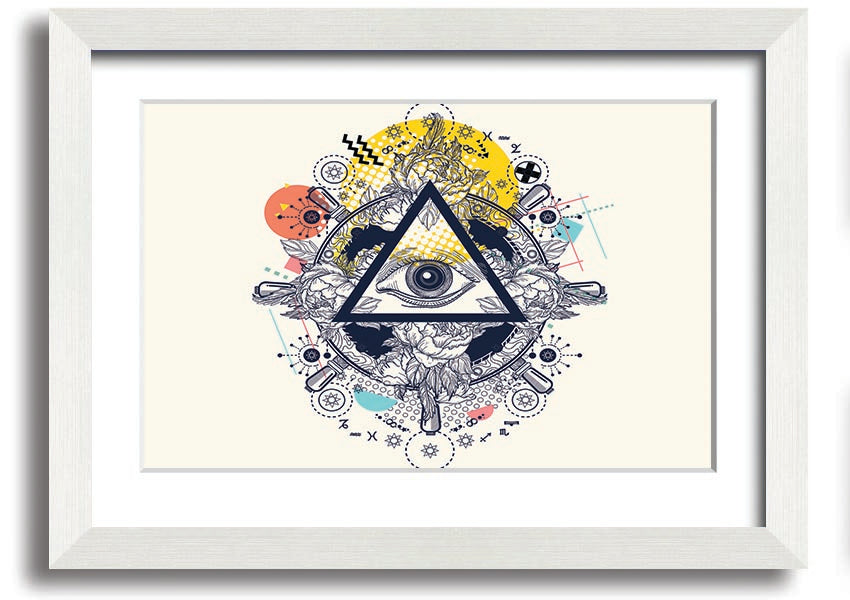 Framed All Seeing Eye print with intricate design and vibrant colors, available in various frame colors.