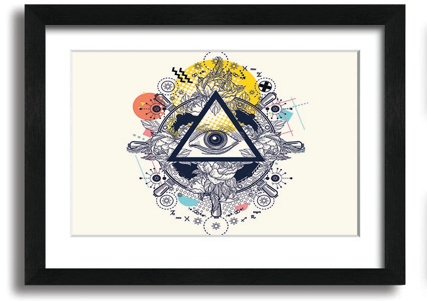 Framed All Seeing Eye print with intricate design and vibrant colors, available in various frame colors.