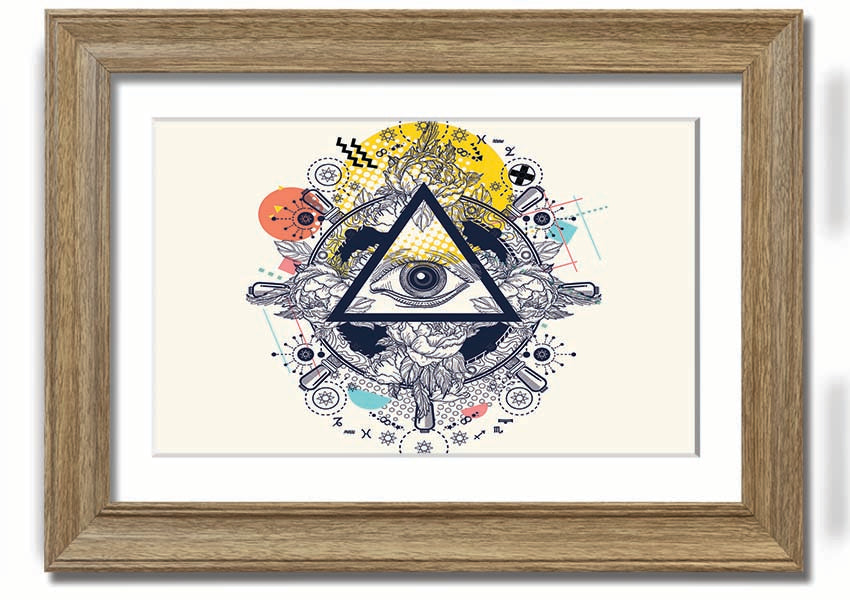 Framed All Seeing Eye print with intricate design and vibrant colors, available in various frame colors.